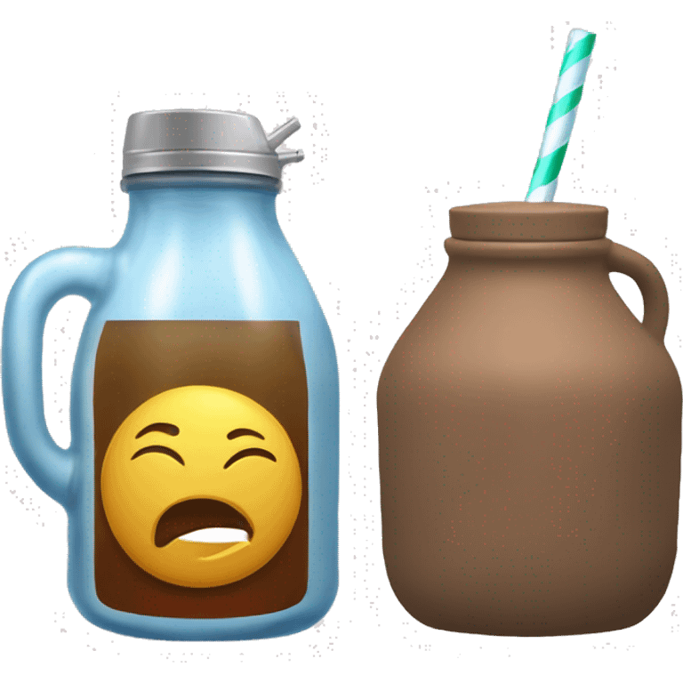 water jug with ice in it and by the left a brown guampa with a silver straw and yerba in it emoji