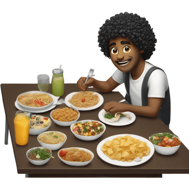 man with curly hair eating a lot of food emoji