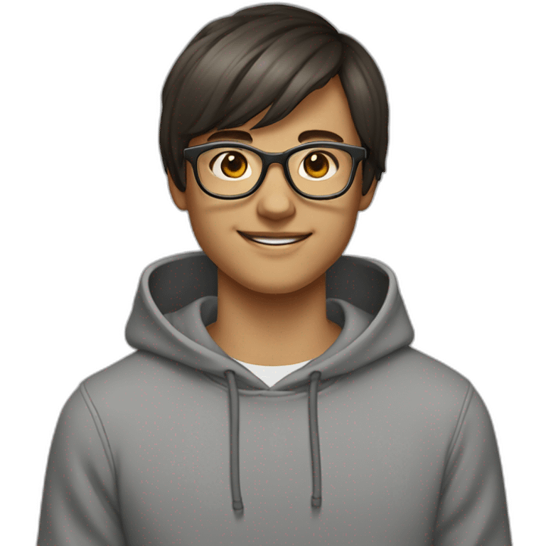 teenager with short dark brown shoulder length hair and bangs and glasses smiling winking gray hoodie emoji