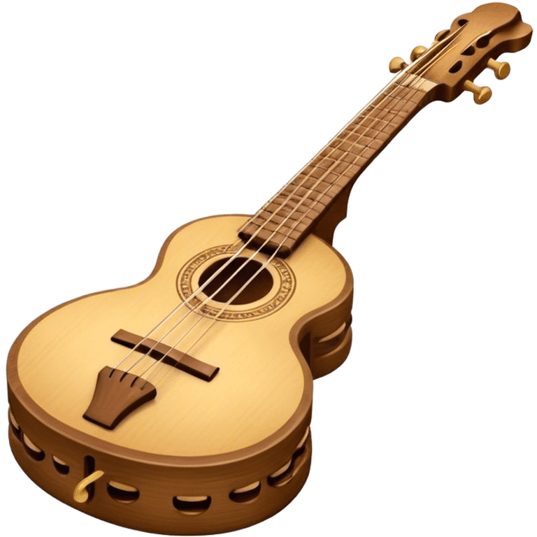 Create an elegant and traditional emoji representing a domra. The design should feature the round, wooden body of the domra with its distinct three or four strings. Include delicate details like the tuning pegs, the fingerboard, and the bridge. The wood of the domra should have a rich, warm tone, and the strings should be subtly highlighted to show their importance. Add a small musical note or two floating around to evoke the folk music it is used for. Use earthy tones like brown and gold to emphasize its classic, rustic feel. The background should be transparent. emoji