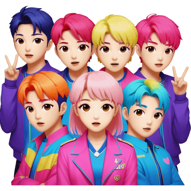 Cinematic Realistic BTS Pop Culture Emoji, featuring a dynamic, energetic portrayal of the acclaimed K-pop group rendered with vibrant textures and energetic, colorful lighting. emoji