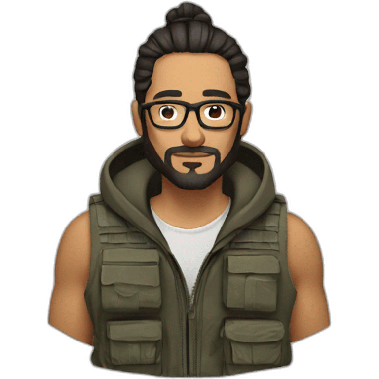 Man with a man bun,beard, and glasses. Has a tactical vest on and a hoodie. They are a Native Mexican American  emoji