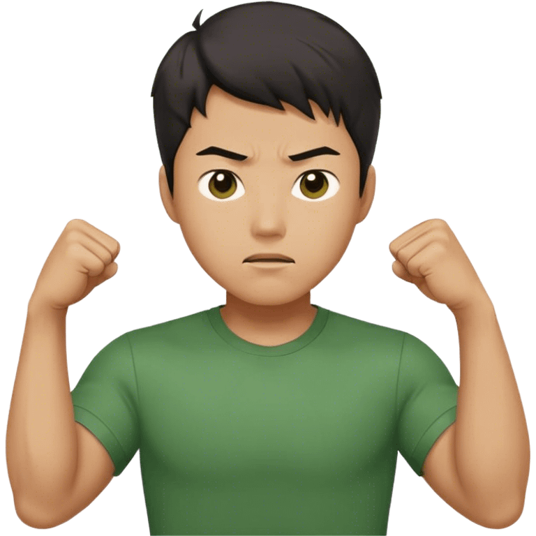 A determined Korean man in a green shirt, clenching his fist with a confident expression. Emoji-style digital illustration emoji