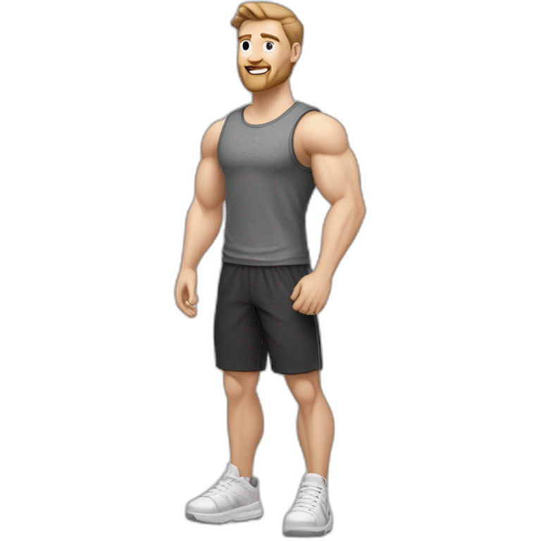 Full height Pale skinned fit man With biceps, Realistic eyes and mouth, light brown hair and stubble In dark gray sleeveless mike, black oversize sports shorts, watch and white sneakers. emoji