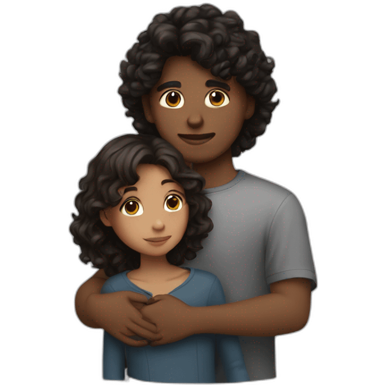 Girl with black wolfcut and boy with brunette wavy hair hugging emoji