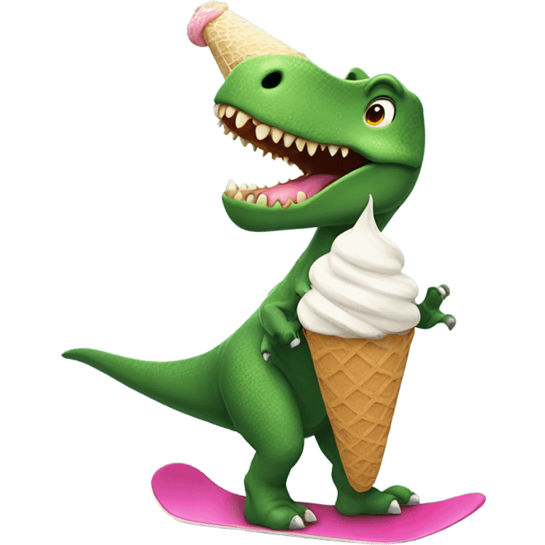 Dinosaur riding a snowboard eating ice cream  emoji