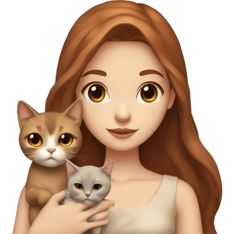 a beautiful girl with long red and brown hair, clear brown eyes, in a beige dress and with a beige bow holds two black cat in her hands emoji