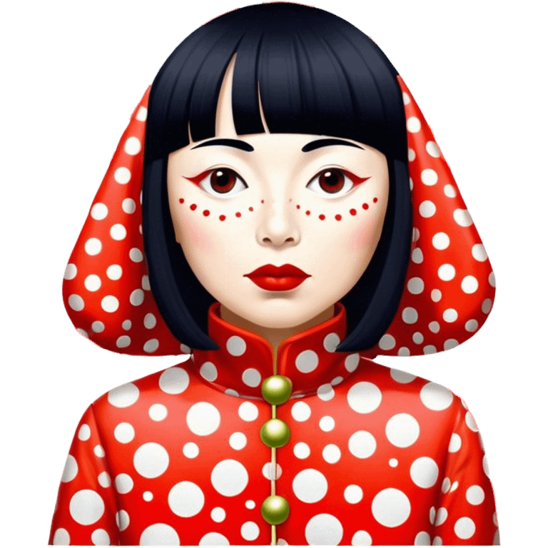 Yayoi Kusama – Cinematic Realistic Portrait of old Japanese artist Yayoi Kusama, depicted as an avant-garde artist with an eccentric, captivating expression surrounded by her iconic polka dot patterns, rendered with vivid textures and imaginative lighting that evokes her unique, surreal creative world. emoji