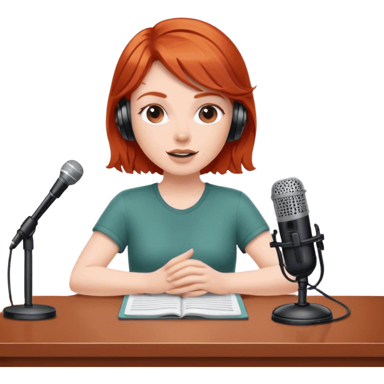 Redhead sat at desk with podcast microphone  emoji