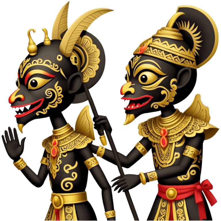 Wayang – Cinematic Realistic Wayang, depicted as intricately carved traditional Indonesian shadow puppets with expressive features and vibrant cultural motifs, set against a dark, dramatic backdrop with subtle glowing highlights that evoke the mystical art of shadow play. emoji