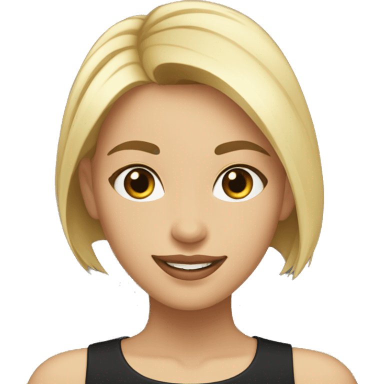 Beautiful girl in a black shirt with short straight blonde hair, thin lips, thin eyebrows, smiling.  emoji