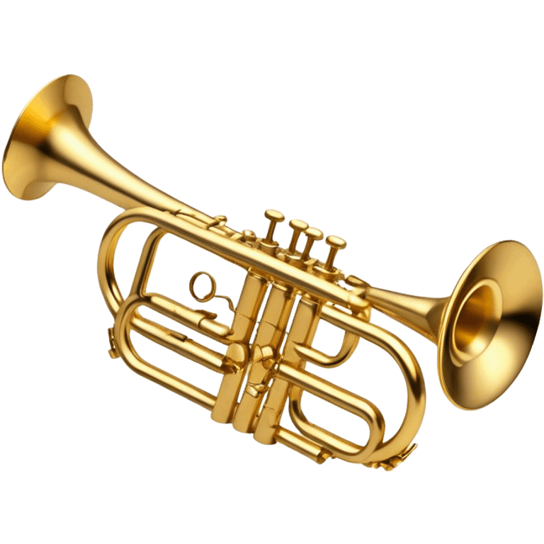 Cinematic Realistic Trumpet, polished brass with warm golden reflections, intricate valve details subtly highlighted, soft hands pressing the keys, glowing with bold and triumphant musical energy. emoji