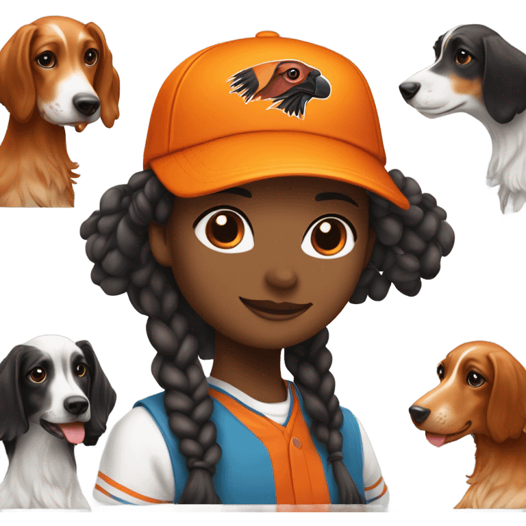 Brunette girl with braided pigtails in a bright orange baseball hat with a phesant on it with a tricolor English setter with a half black face emoji