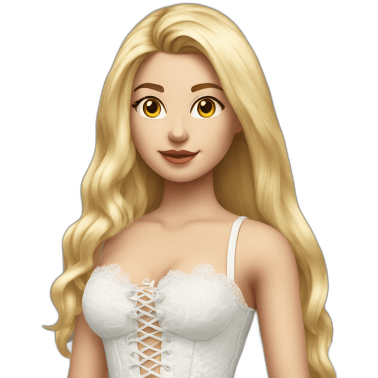 hyperrealistic caucasian blonde female, long straight hair, white lace-up bustier, full view emoji