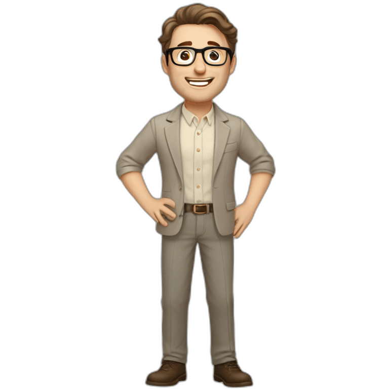 Joyful Pale skinned Fit Man With dark brown hair in gray jacket, beige office shirt, Brown pants and vintage glasses. His thrumbs up emoji