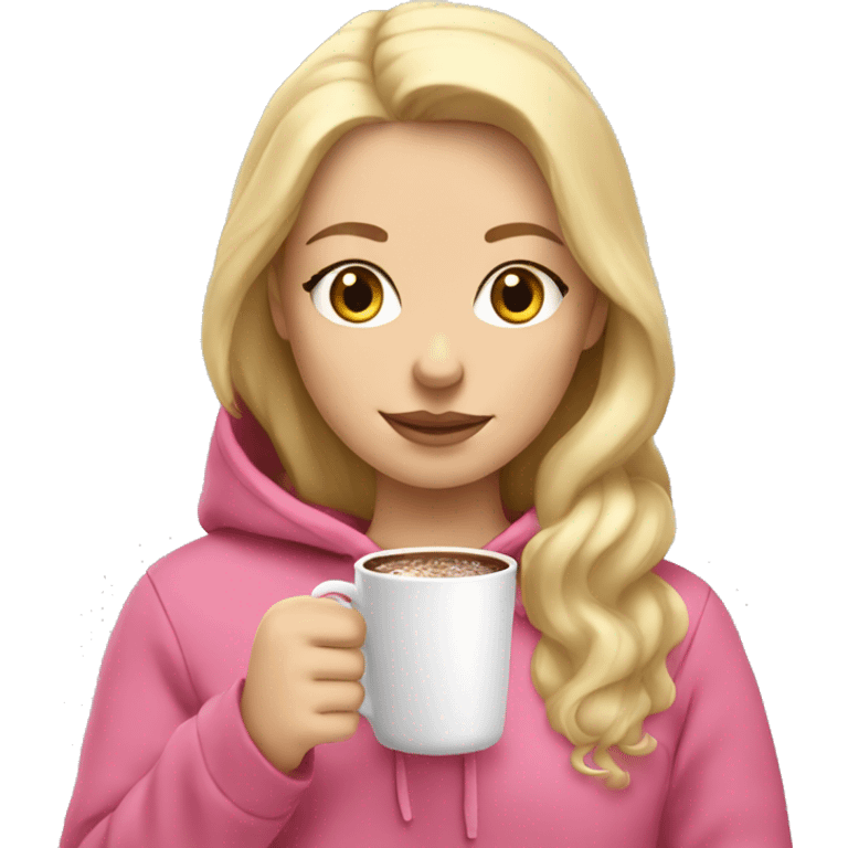 White girl with blonde hair holding hot chocolate in pink hoodie emoji