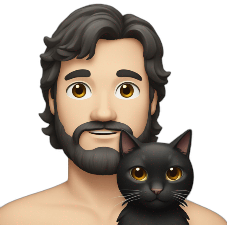 Man with long black hair and beard, Caucasian, looks like Jack Black, with a black cat in his arms emoji