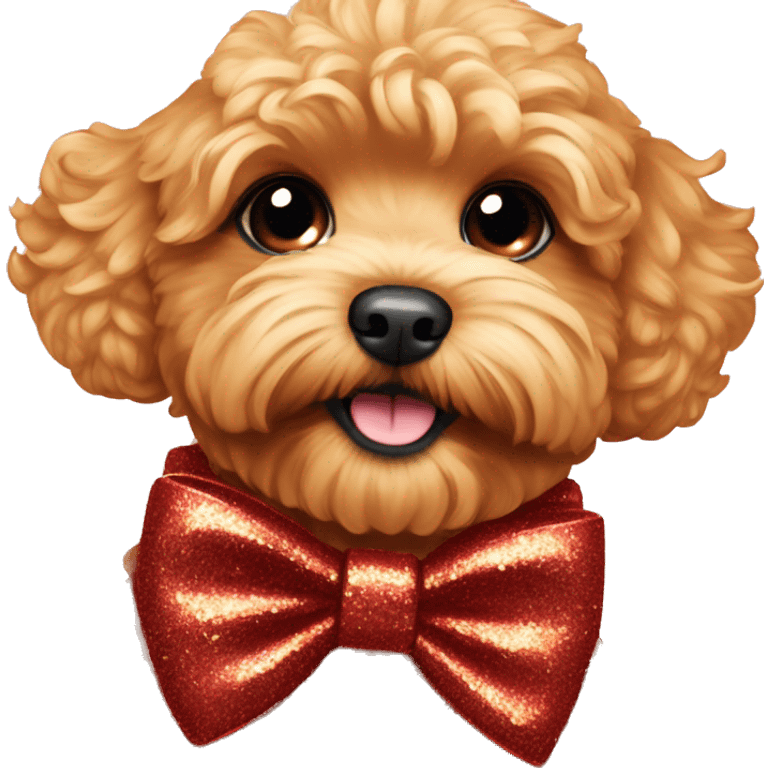 Red maltipoo with gold glitter bow around his neck emoji