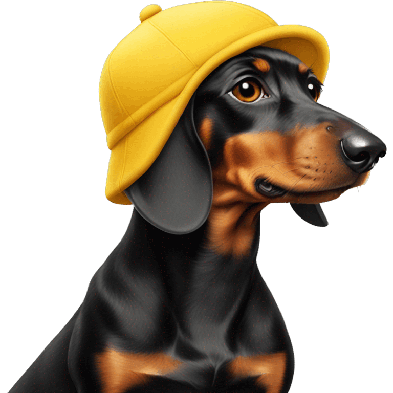 Fully black dachshund wearing yellow cap LA emoji