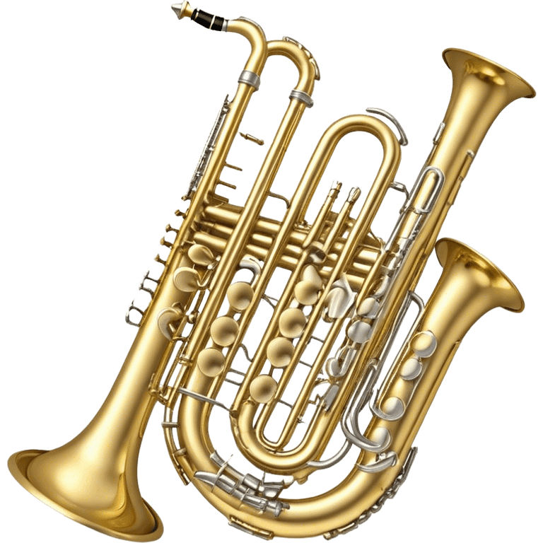 Create a complex, festive, and professional emblem-like emoji representing wind instruments. The design should resemble a heraldic crest, featuring iconic brass and woodwind instruments such as a trumpet, saxophone, clarinet, flute, trombone, and tuba, symmetrically arranged in a balanced composition. A flowing ribbon of musical notes should elegantly weave around the instruments, intertwining with their curves, bells, and mouthpieces, creating a dynamic and harmonious effect. The instruments should have rich metallic tones—gold for brass and silver for woodwinds—with polished highlights and intricate details on the keys and valves. Decorative elements such as elegant scrollwork, laurels, or subtle engravings should enhance the grandeur of the design, making it look celebratory and prestigious. The overall composition should be visually complete, refined, and suitable as a standalone emblem. The background should be transparent. emoji