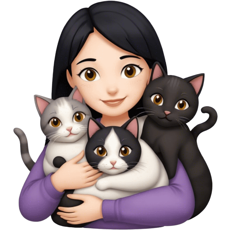 happy girl with black hair hugging three cats  (black cat, gray cat, brown calico cat) emoji