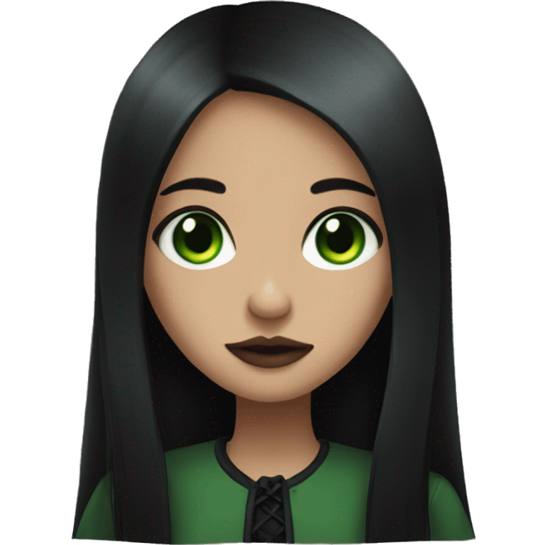 Brown goth girl with long black hair and green eyes portrait  emoji