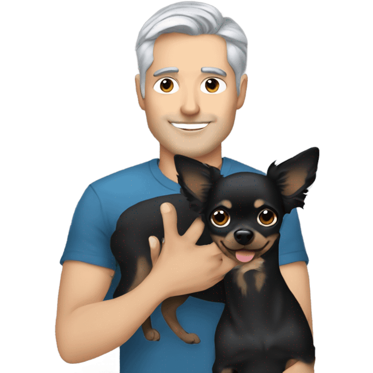 Handsome man with gray hair and blue eyes holding all black long haired chihuahua emoji