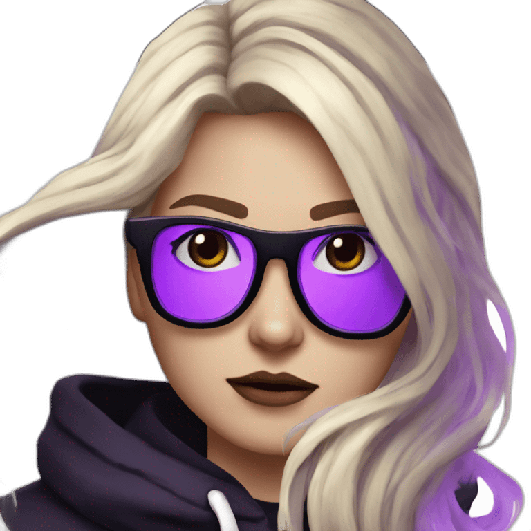 Girl blond artist with round glasses left side behind his laptop with this style: valorant riot Game purple character purple black hooded hacker themed character emoji