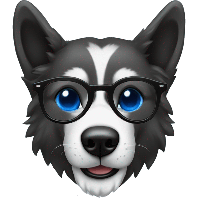 Lobo siberiano negro con blanco con un ojo azul y uno café con heterocromia riendo con gafas  emoji