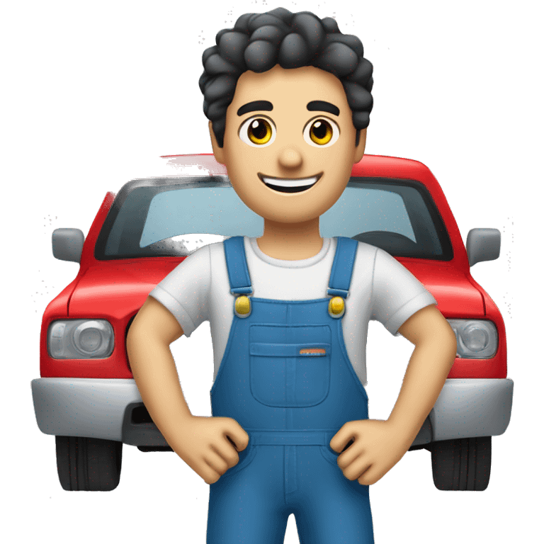 car mecanic, really happy, dark eyes, dark hair and pale skin, holding a screwdriver on hand. For clothes wearing blue overalls emoji