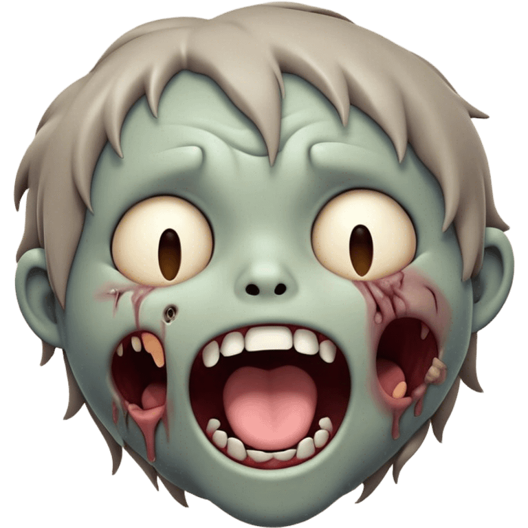 Cinematic Cute Yawning Zombie Portrait Emoji, with a delightfully quirky, slightly disheveled face in muted ashen tones, head tilted back in a big, funny yawn that reveals quirky stitches and playful gaps, simplified yet irresistibly charming, highly detailed with a soft, eerie glowing outline capturing the sleepy, offbeat vibe of a zombie taking a nap! emoji