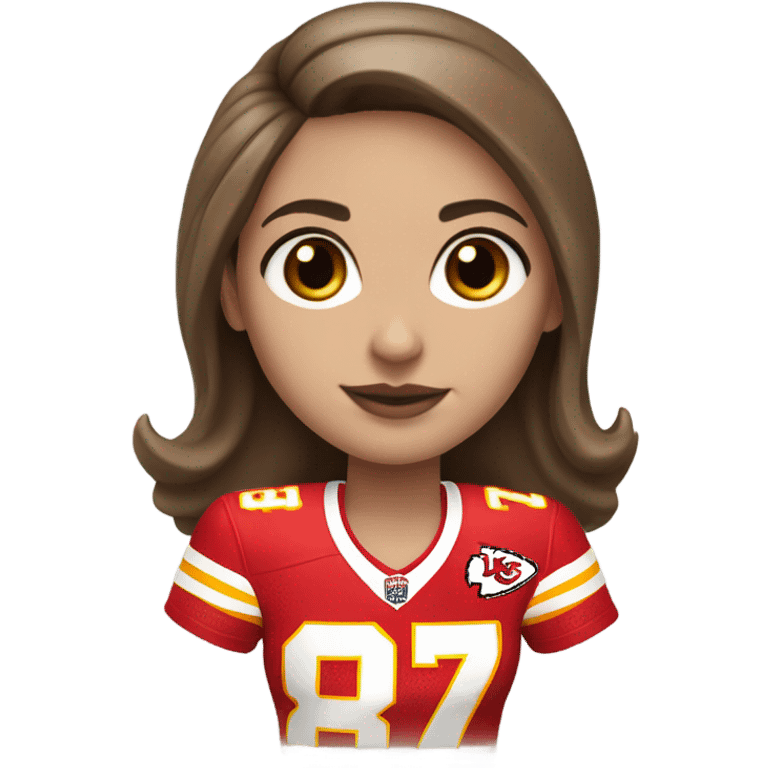 White Girl with brown hair wearing a chiefs jersey #87 emoji