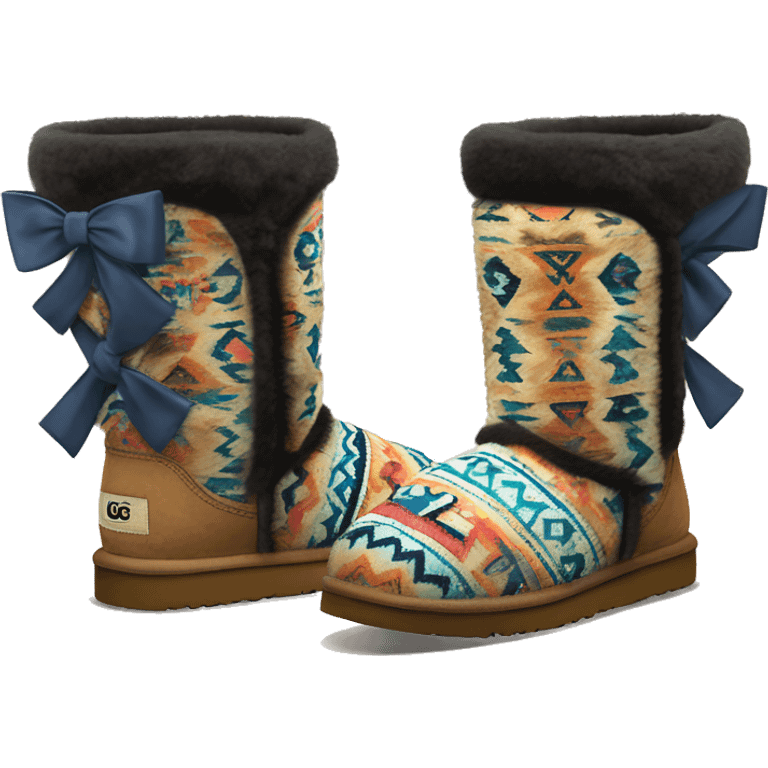 Realistic pair of aztec Pattern fur Ugg boots with bows. emoji