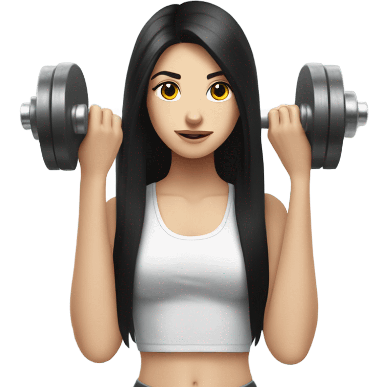 Pale girl with long black hair lifting weights emoji