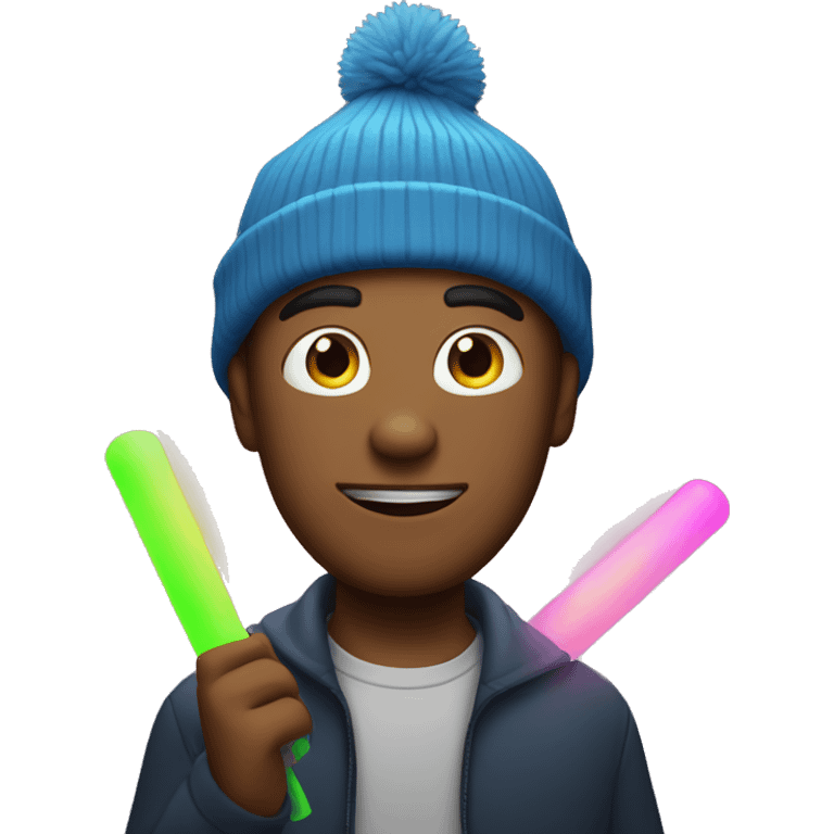 Guy with wearing beanie holding glowsticks emoji