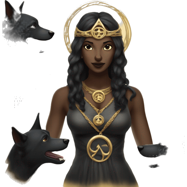 Hekate goddess of the night and magic- triple goddess black hair and two black dogs emoji