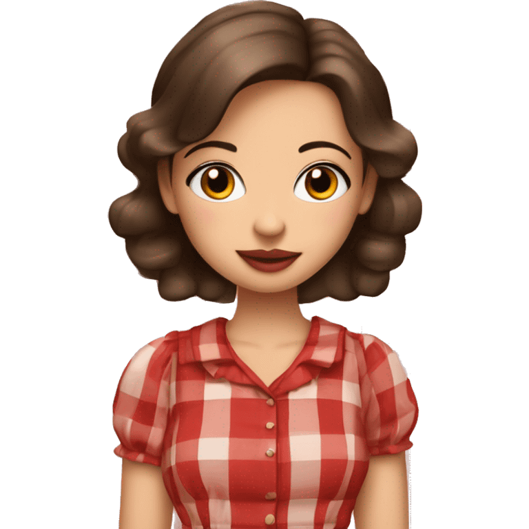 Pretty peach skin brunette woman with rosy cheeks in red plaid babydoll dress emoji