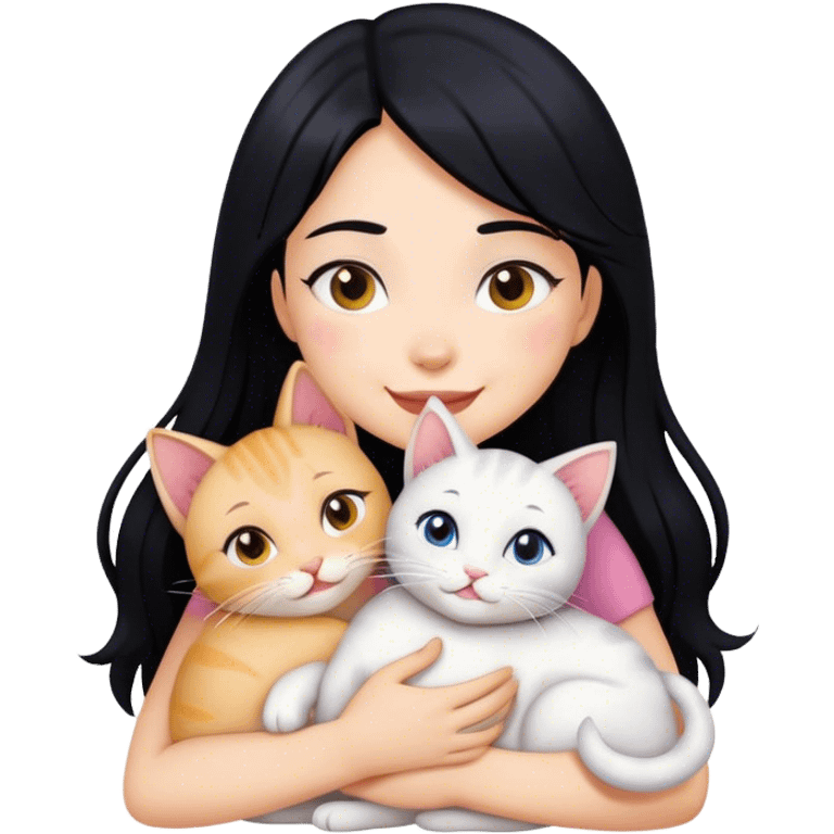 happy girl with black hair hugging three cats   emoji