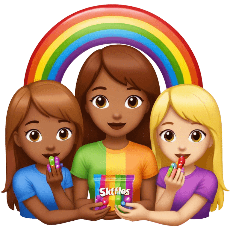 Girls t on a rainbow eating skittles emoji