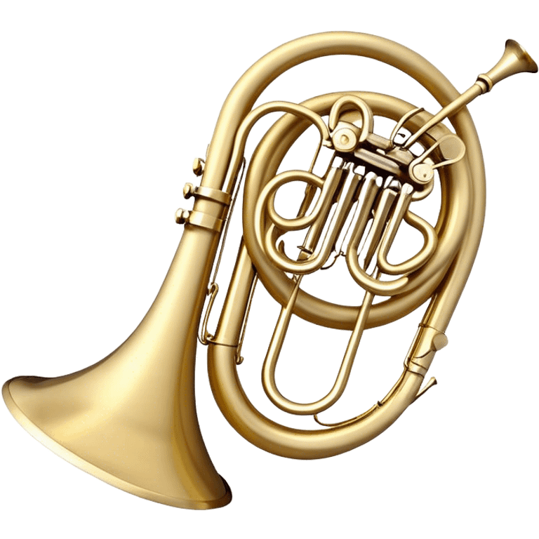 Create an elegant and refined emoji representing the Arnolds & Sons AHR-563-TERRA horn. The design should feature the intricate, shiny brass body of the horn with its signature wide bell and beautifully coiled tubing. The horn should be highly polished with subtle accents that reflect its craftsmanship. Use golden brass tones and light reflections to highlight the luxury and sophistication of the instrument. Add delicate musical notes to evoke its melodic sound. The background should be transparent. emoji