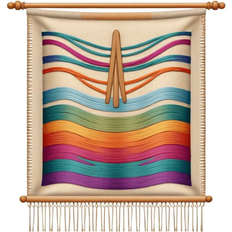 Tapestry icon, woven fabric with intricate patterns, weaving loom, colorful threads, detailed design, minimalistic style, clean lines, transparent background. emoji