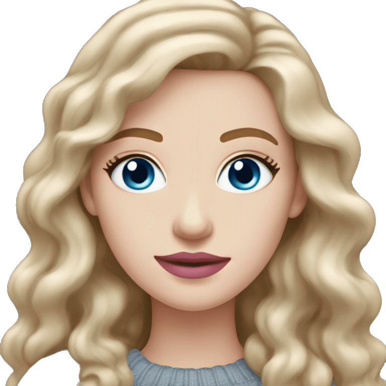 Woman with long wavy dark blonde hair, blue eyes, pale skin, long eyelashes, pink lipstick, pink blush, gray sweater emoji