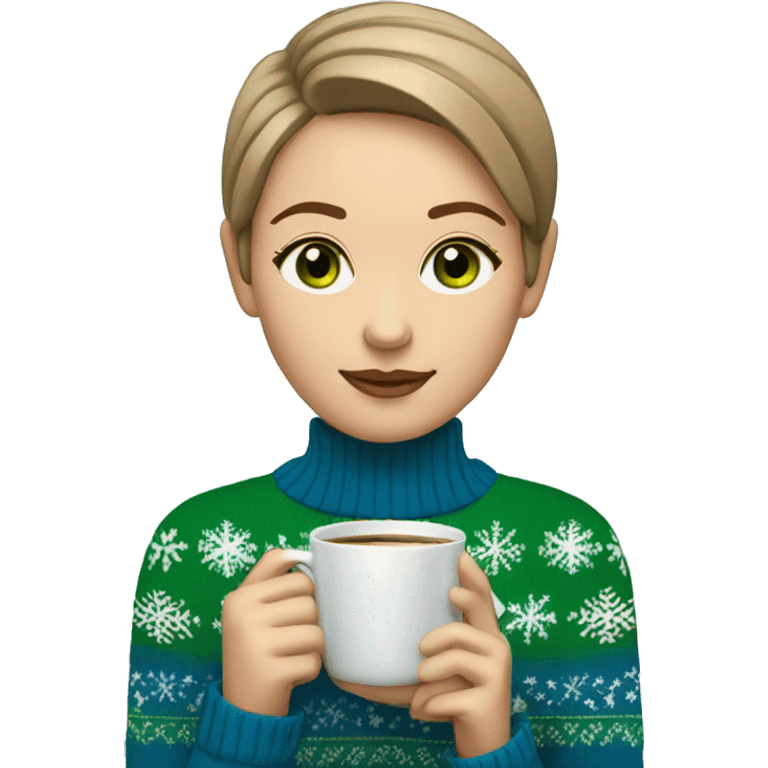 Light brown short haired girl with green eyes drinking coffee wearing blue Christmas sweater emoji