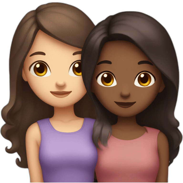 one girl long dark hair and clear skin and one girl long brown hair and darker skin hugging emoji