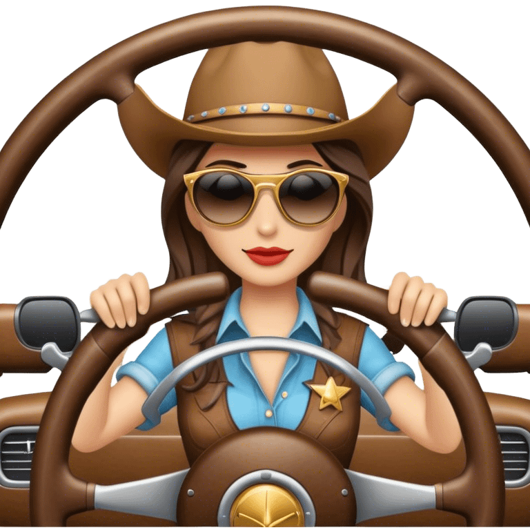 Cowgirl wearing sunglasses behind steering wheel emoji