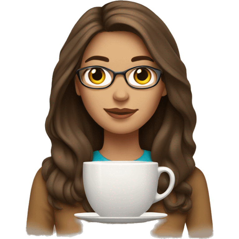 Brunette woman with brown eyes, light skin, straight long hair, an online tutor of English, she has a gold MacBook in front of her, a cup of latte and books  emoji