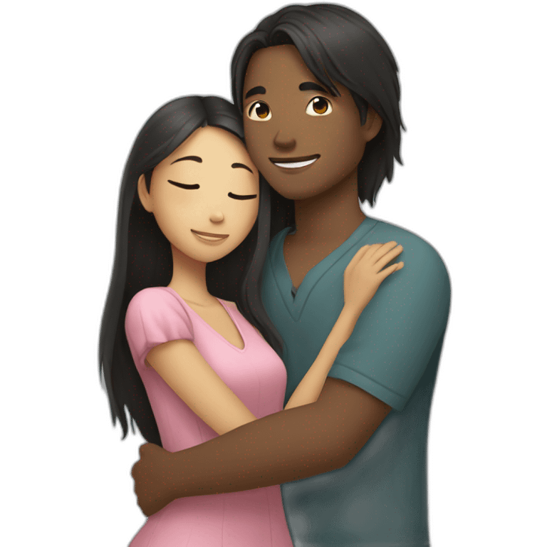 African young man hugging asian girl with long hair emoji