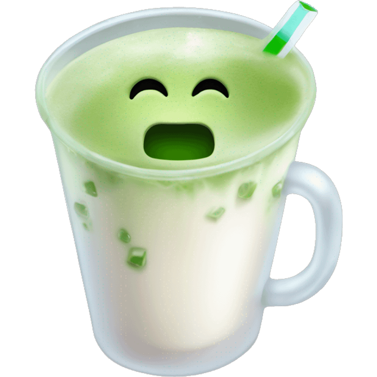 Iced matcha latte with ice cubes without a face  in a white cup emoji