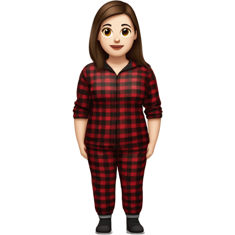 Plus size woman with straight brown hair and brown eyes wearing red and black buffalo plaid pjs. White skin. emoji