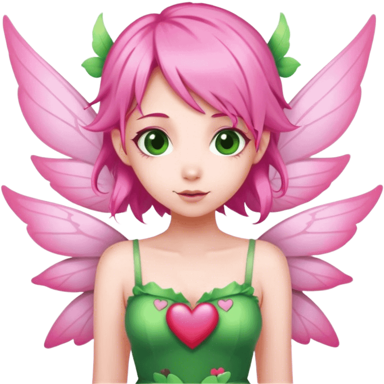 pink hair, pink wing fairy in green dress hearts emoji